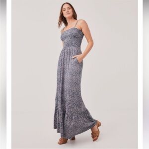 PACT The Soirée Floral Smocked Maxi Dress French Navy Ditzy Small organic cotton